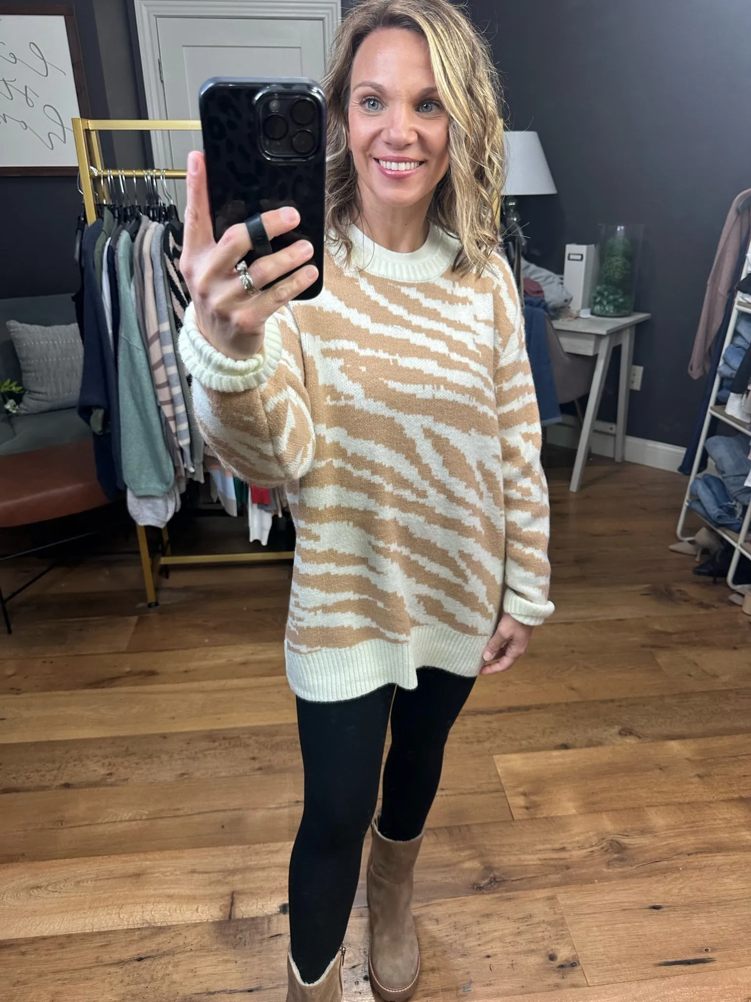 Reason To Stay Patterned Tunic Sweater - Taupe/Cream