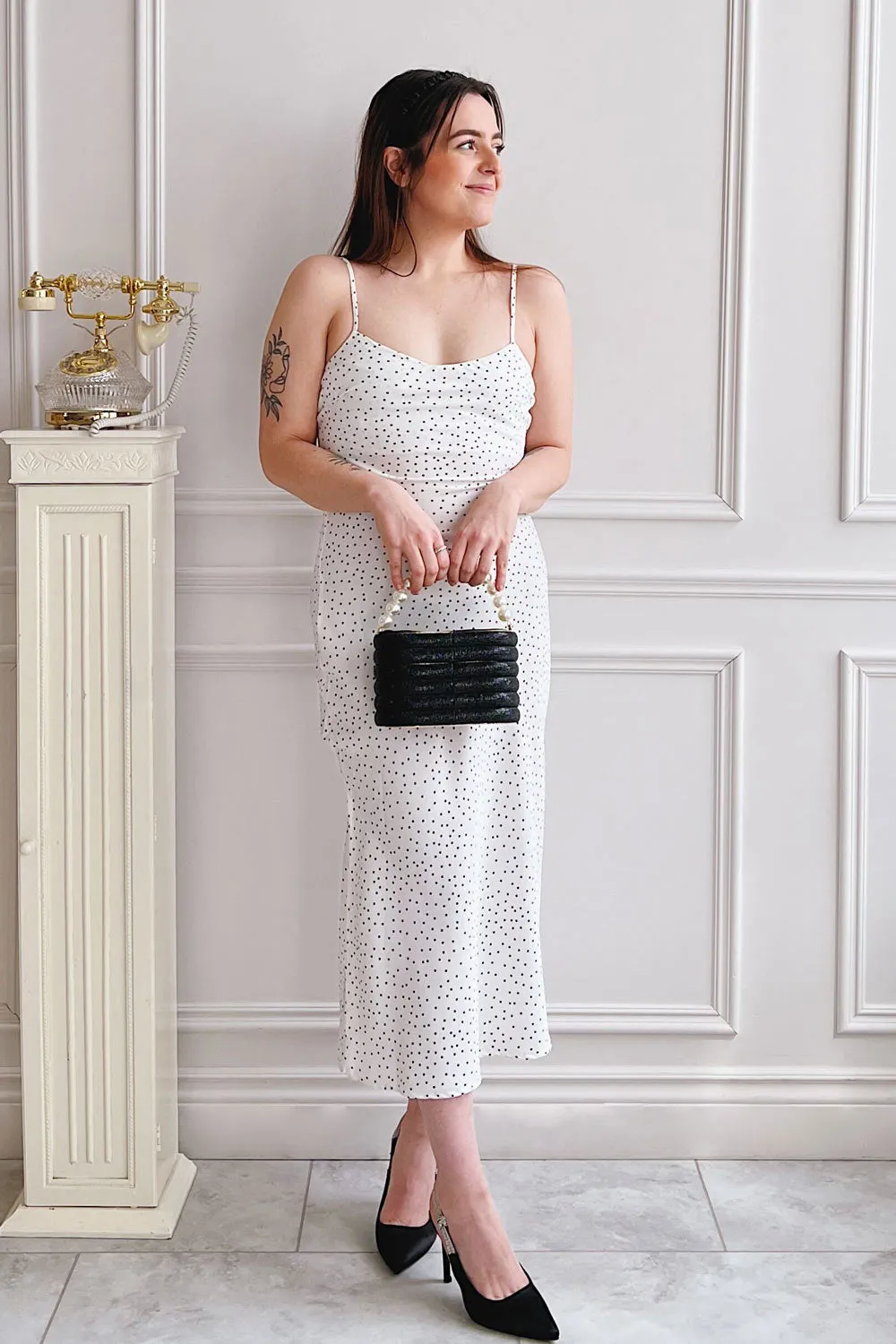 Rebby Polka Dot White | Silky Fitted Midi Dress