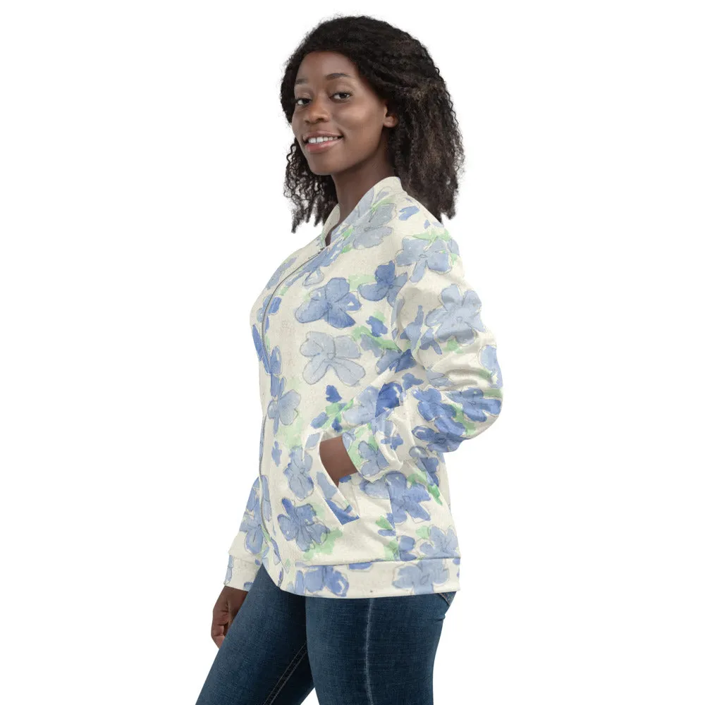 Recycled Unisex Bomber Jacket - Blu&White Watercolor Floral - Women