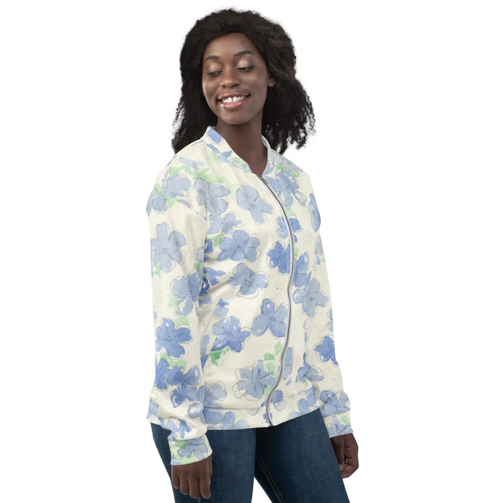 Recycled Unisex Bomber Jacket - Blu&White Watercolor Floral - Women