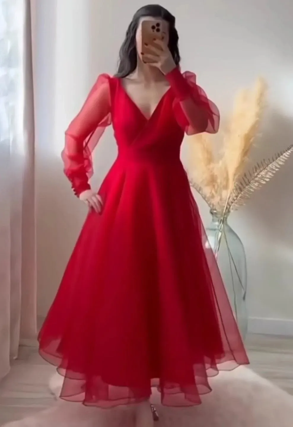 Red Prom Dresses V-Neck Puffy Sleeves A-Line Evening Gown for Wedding