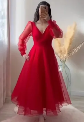 Red Prom Dresses V-Neck Puffy Sleeves A-Line Evening Gown for Wedding