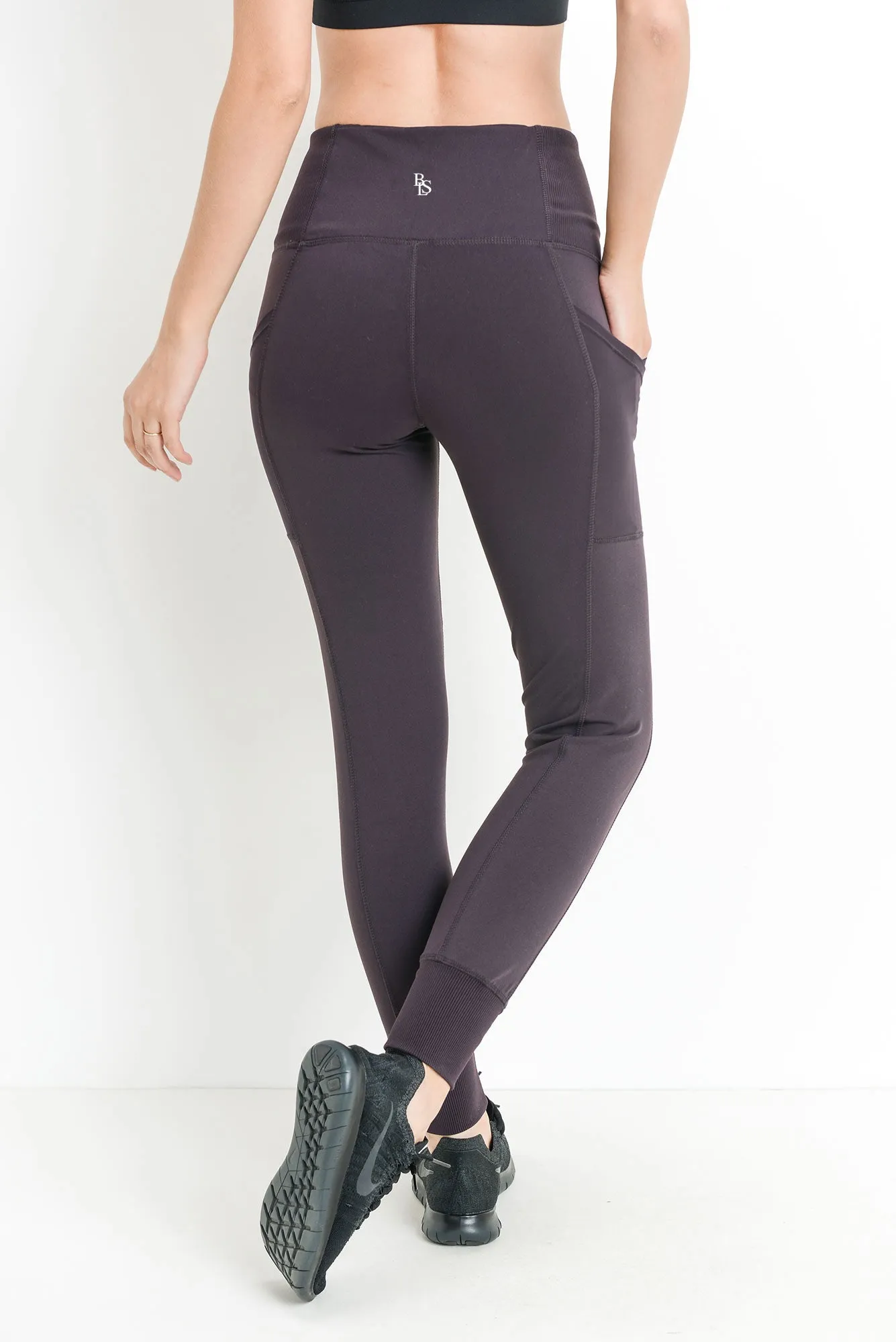 Ribbed & Cuffed Overlay Side Pockets Full Leggings – Green/Mauve/Plum