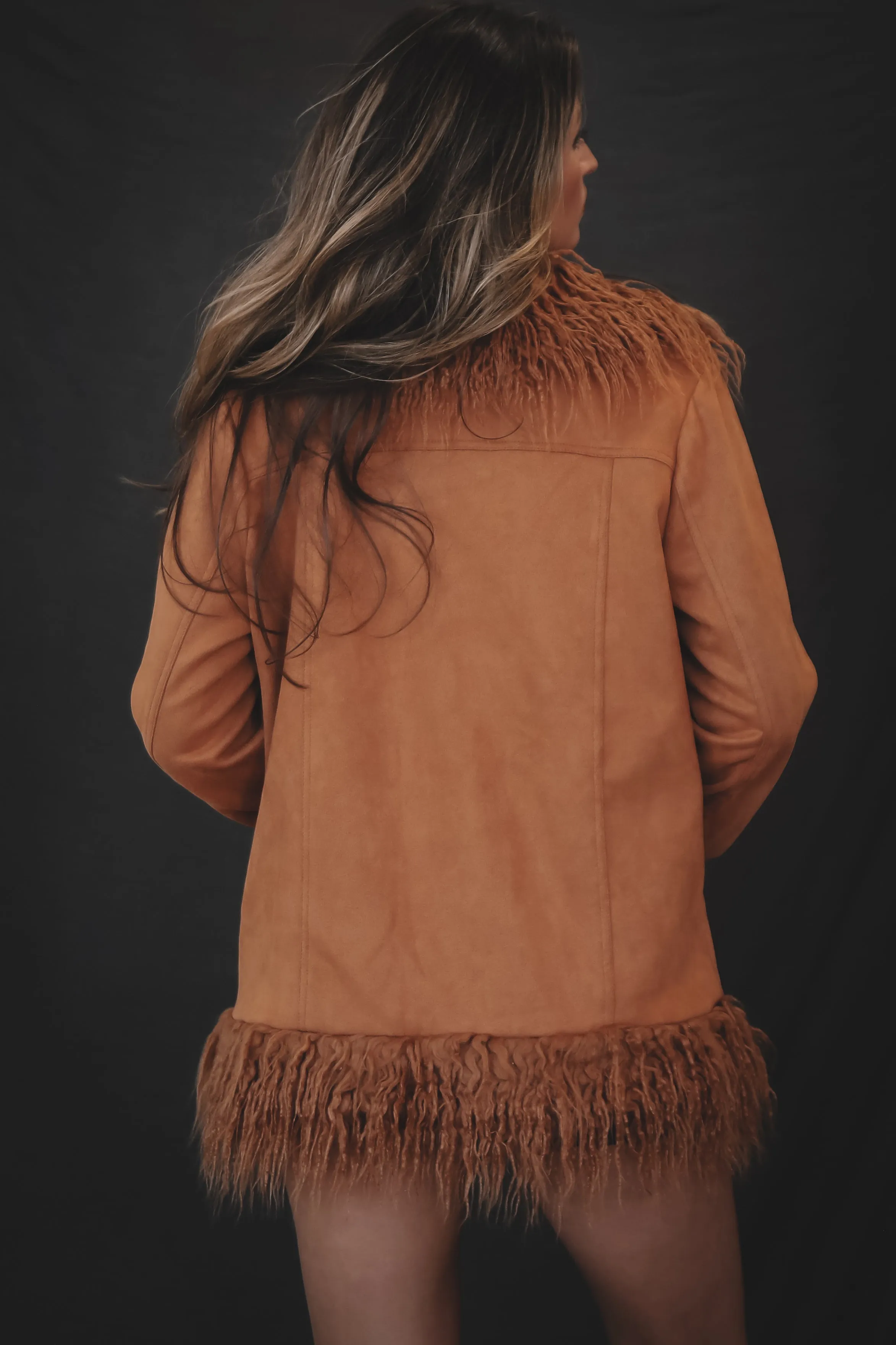 Sadie & Sage Soho Faux Shaggy Fur Trim Camel Suede Jacket