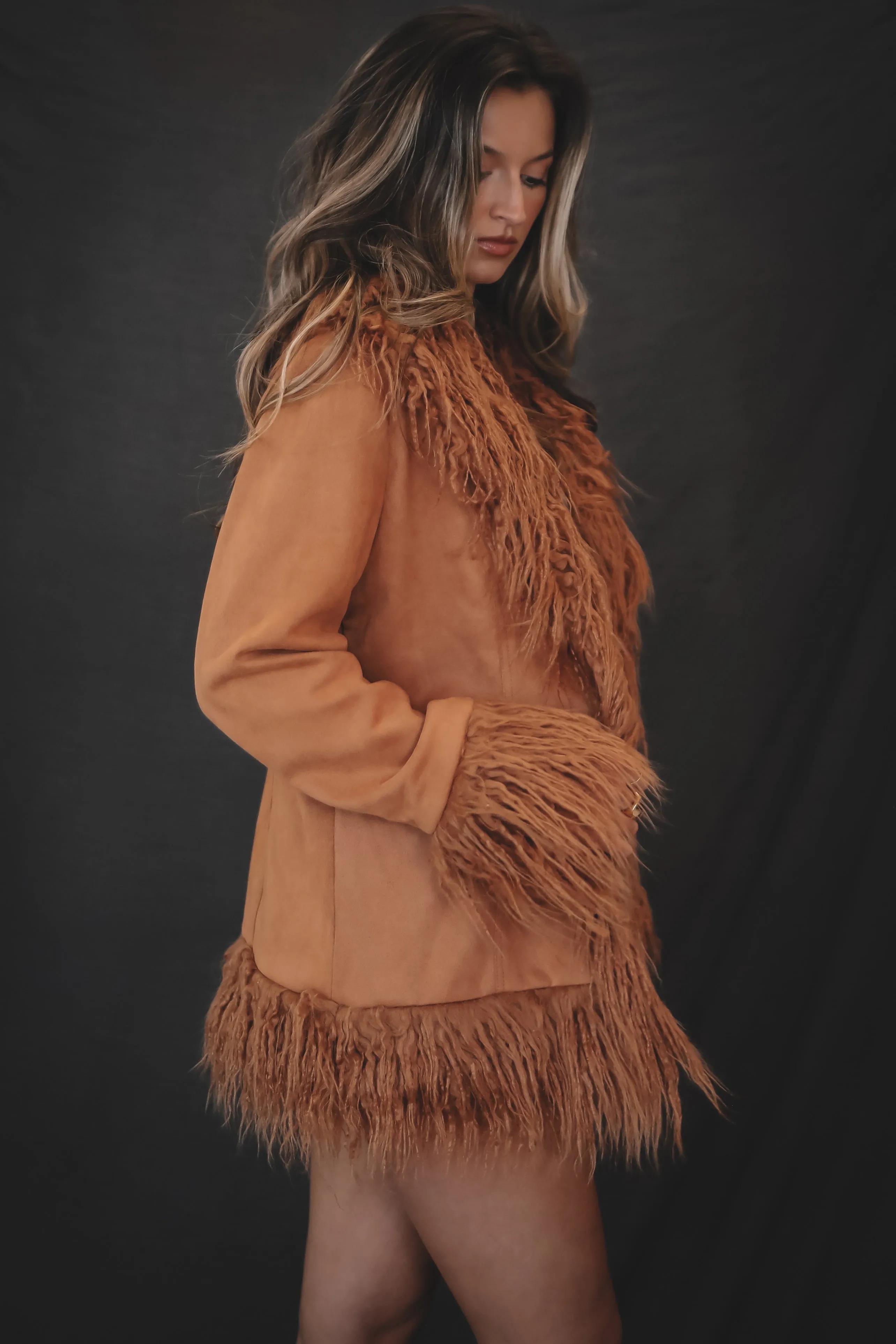 Sadie & Sage Soho Faux Shaggy Fur Trim Camel Suede Jacket