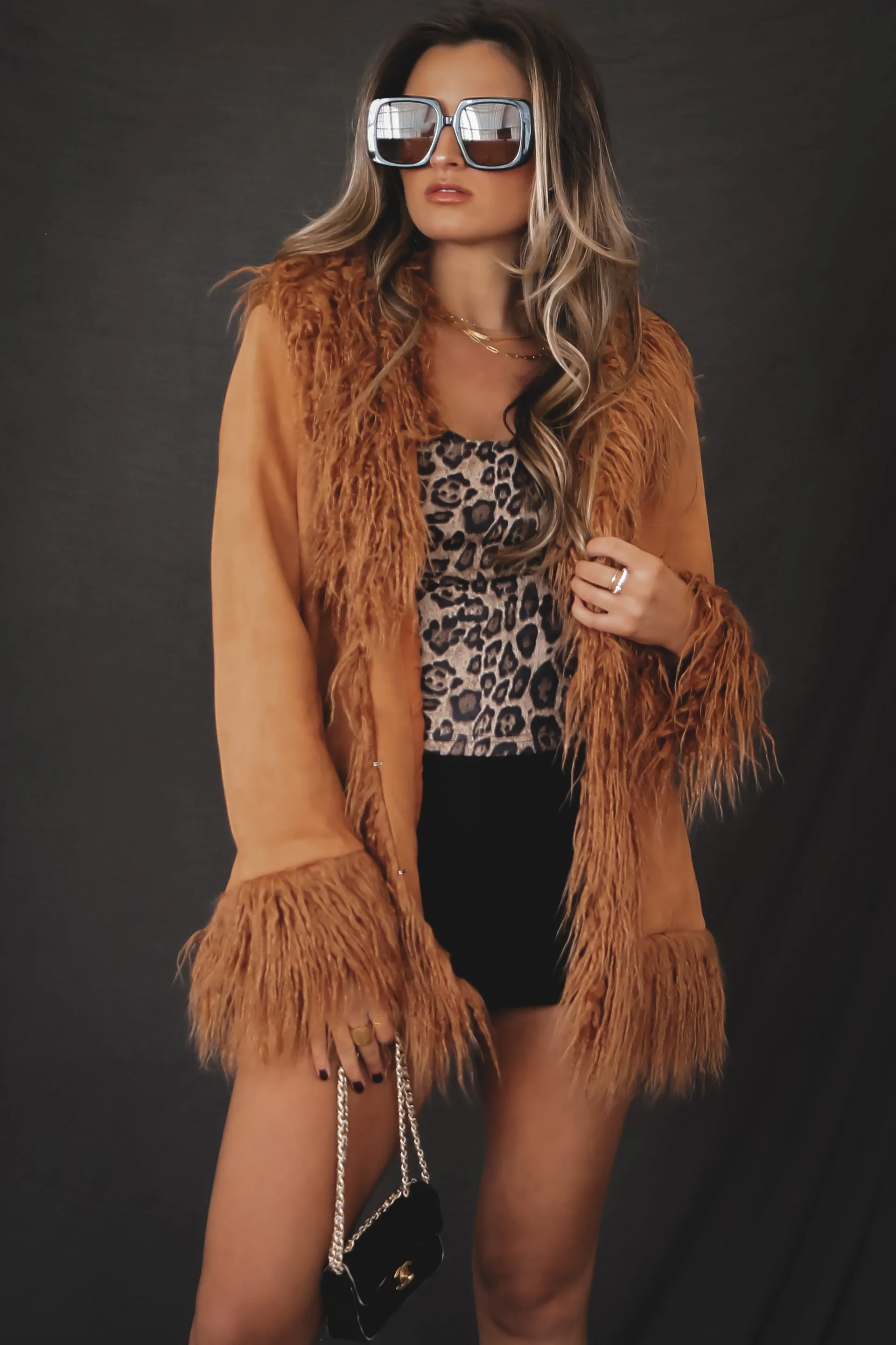 Sadie & Sage Soho Faux Shaggy Fur Trim Camel Suede Jacket