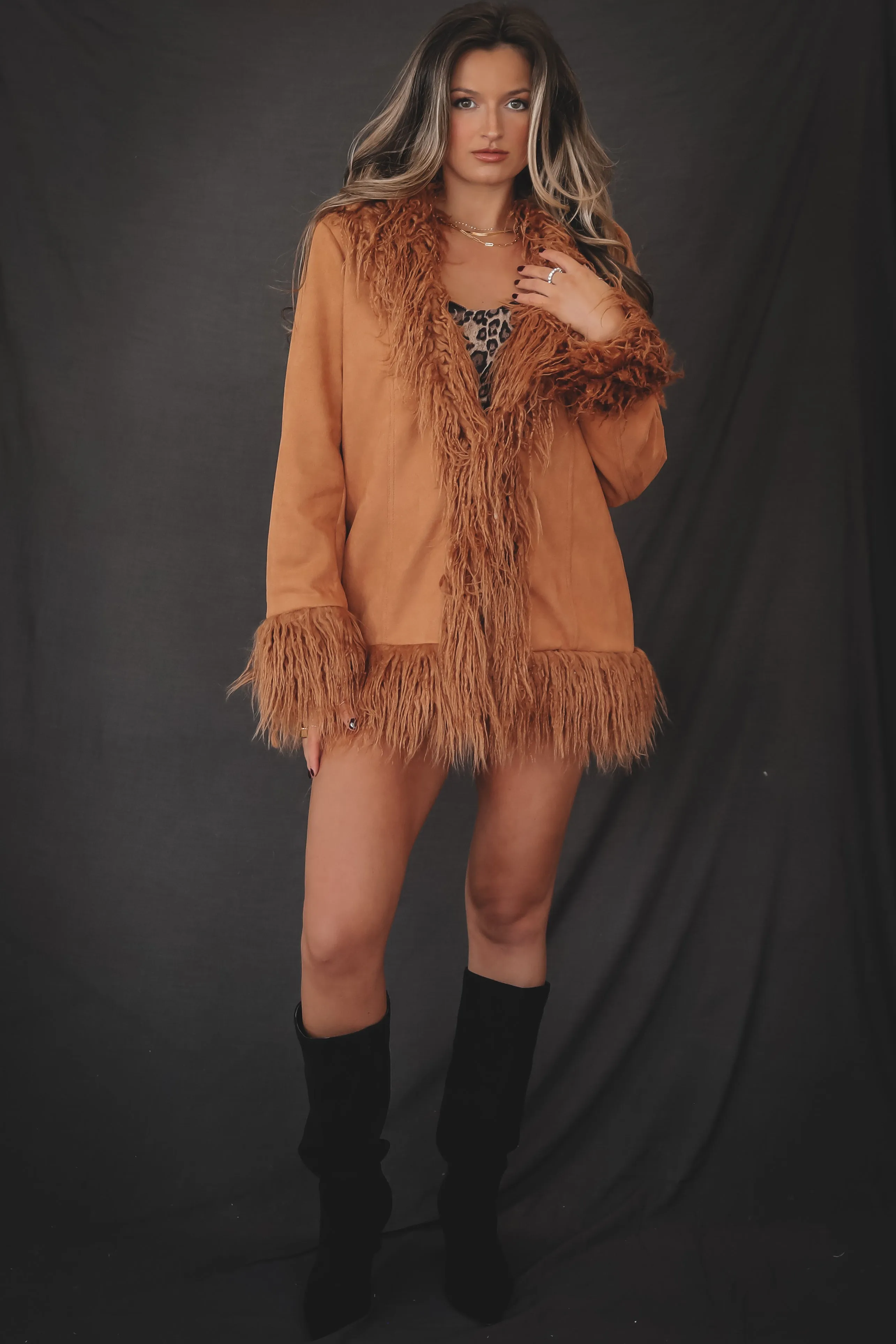 Sadie & Sage Soho Faux Shaggy Fur Trim Camel Suede Jacket