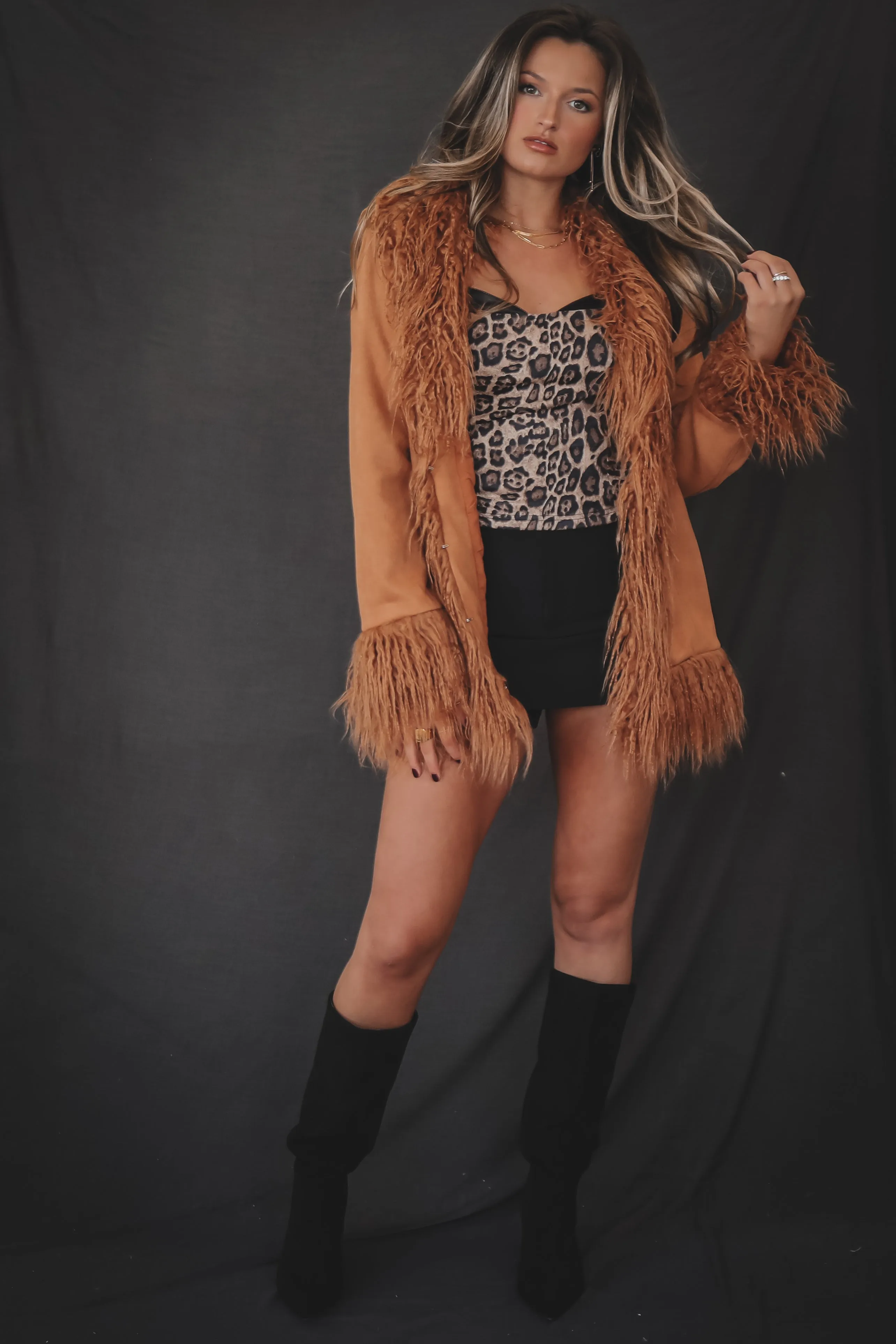 Sadie & Sage Soho Faux Shaggy Fur Trim Camel Suede Jacket