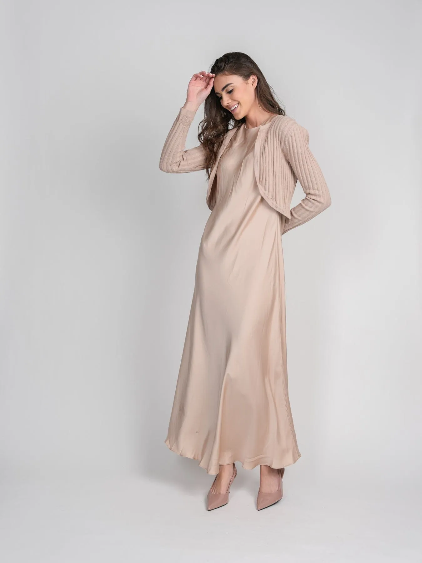 SATIN SLIP DRESS-TAN