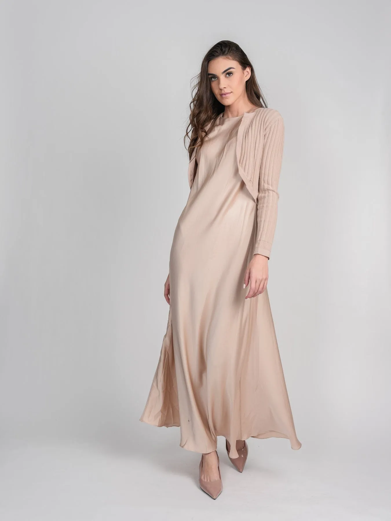 SATIN SLIP DRESS-TAN