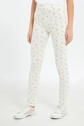 Senior Girls Cream Floral Leggings