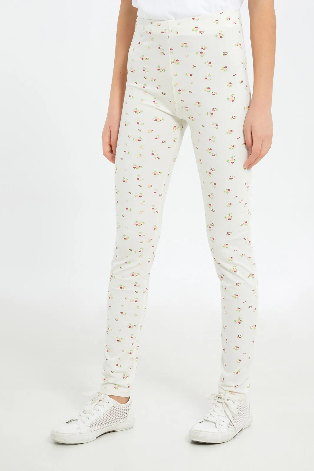 Senior Girls Cream Floral Leggings