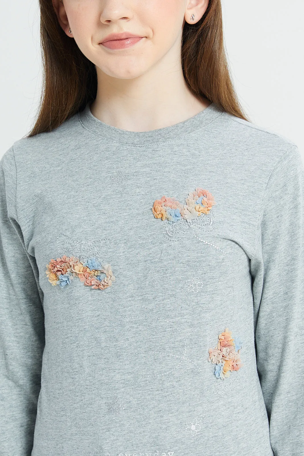 Senior Girls Grey Floral And Butterfly Embellished T-Shirt