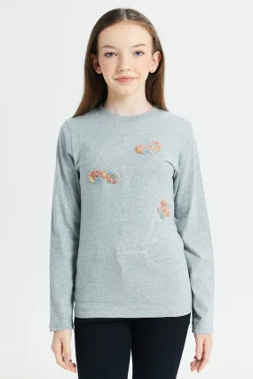 Senior Girls Grey Floral And Butterfly Embellished T-Shirt