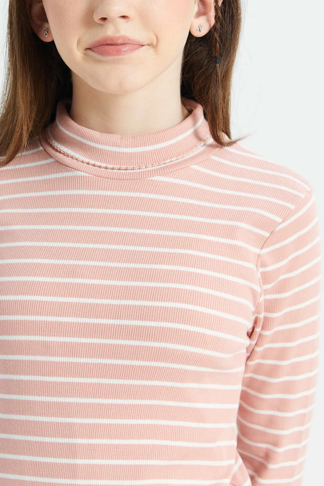 Senior Girls Pink And White Striped Turtle Neck T-Shirt