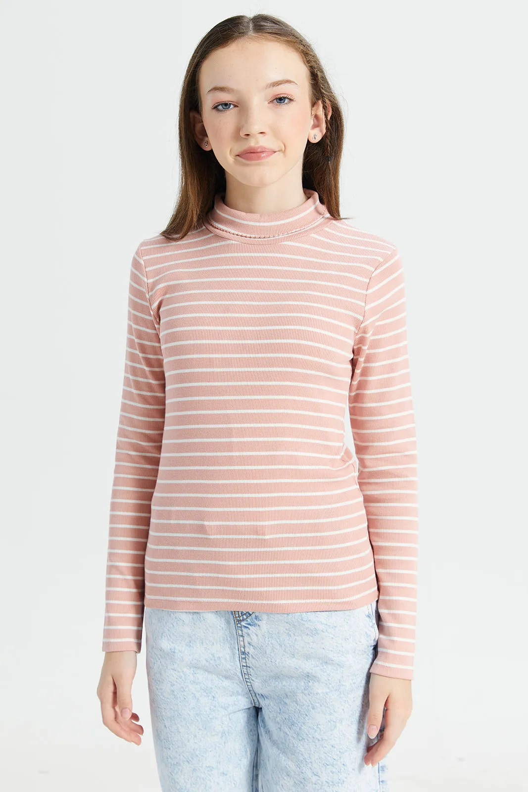 Senior Girls Pink And White Striped Turtle Neck T-Shirt