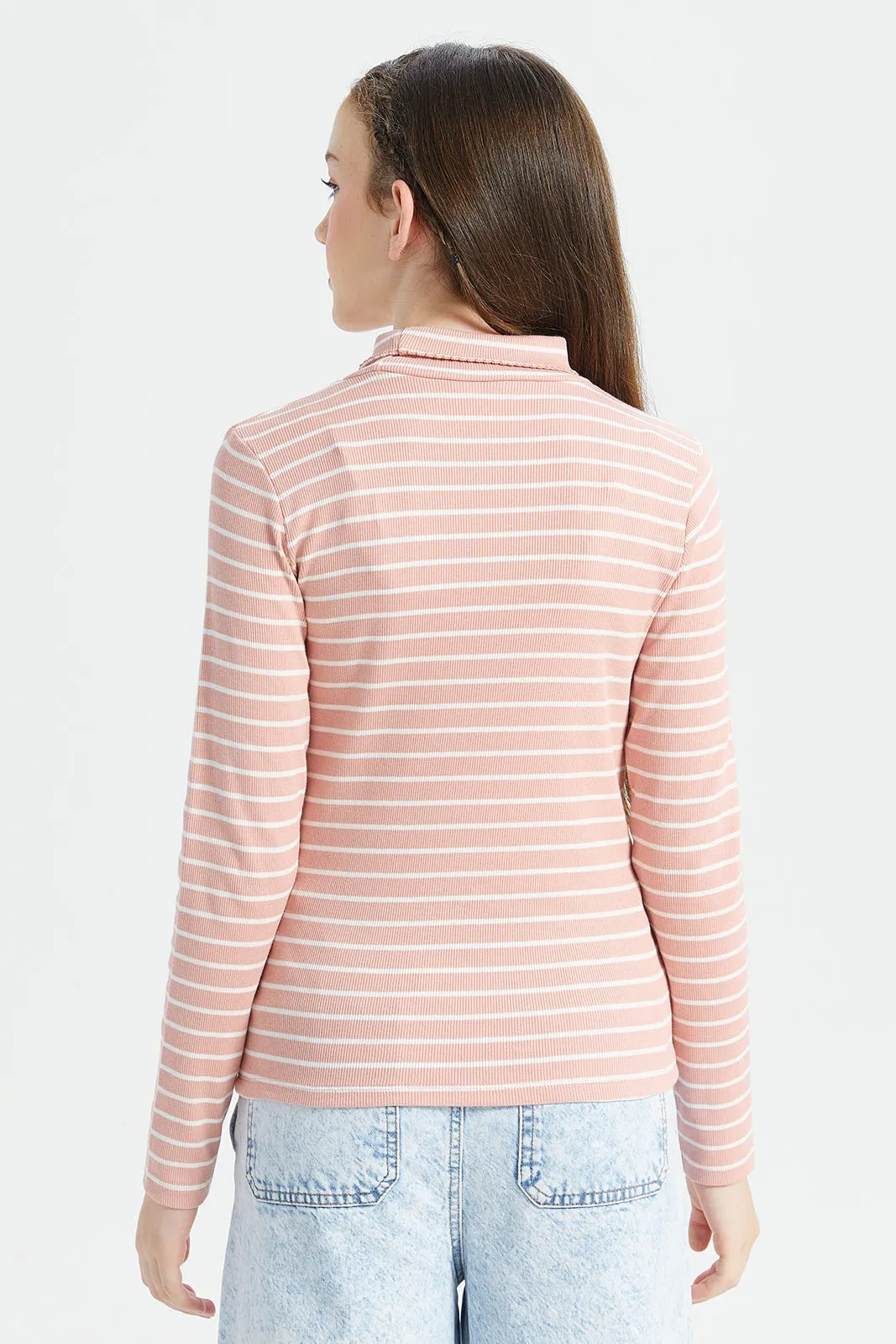 Senior Girls Pink And White Striped Turtle Neck T-Shirt