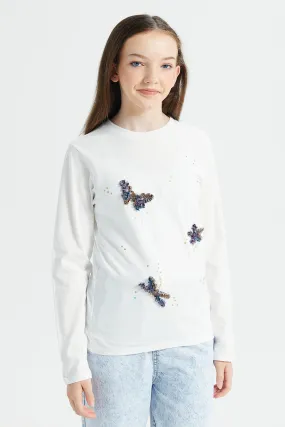 Senior Girls White Butterfly Embellished T-Shirt