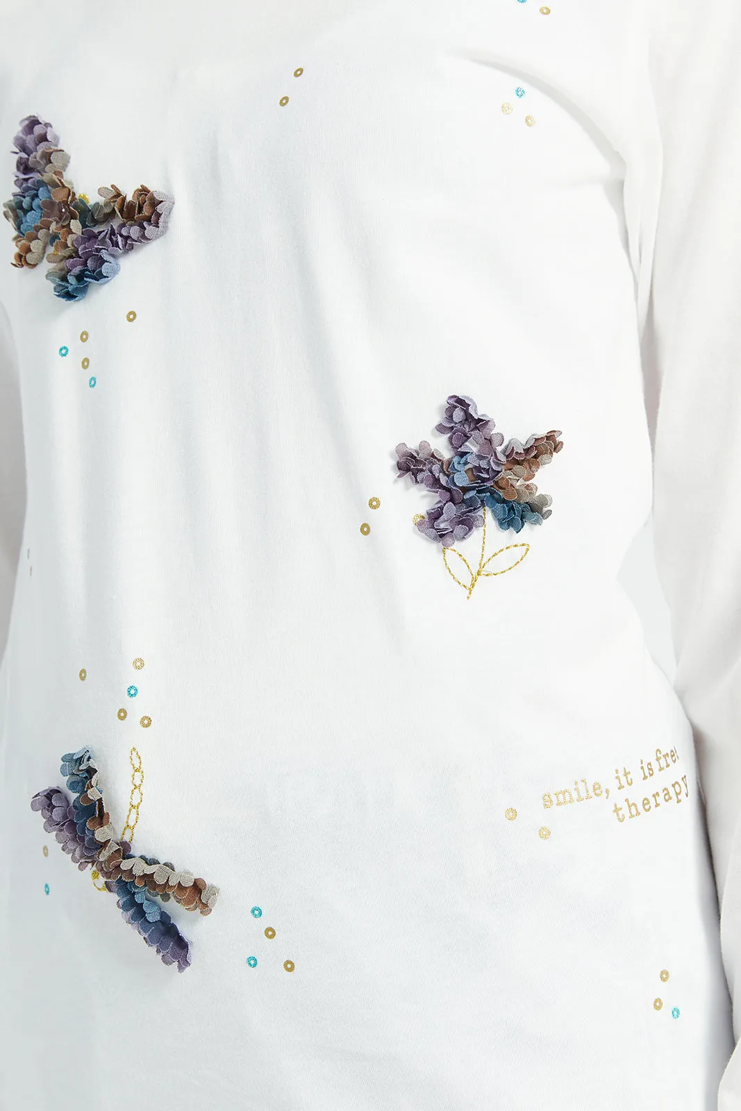 Senior Girls White Butterfly Embellished T-Shirt