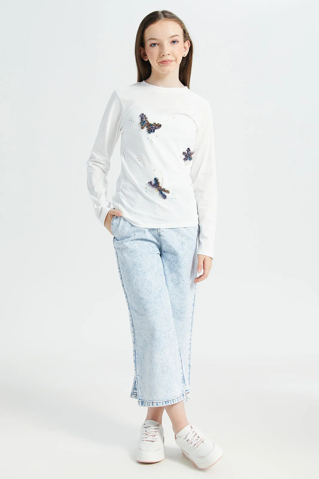 Senior Girls White Butterfly Embellished T-Shirt