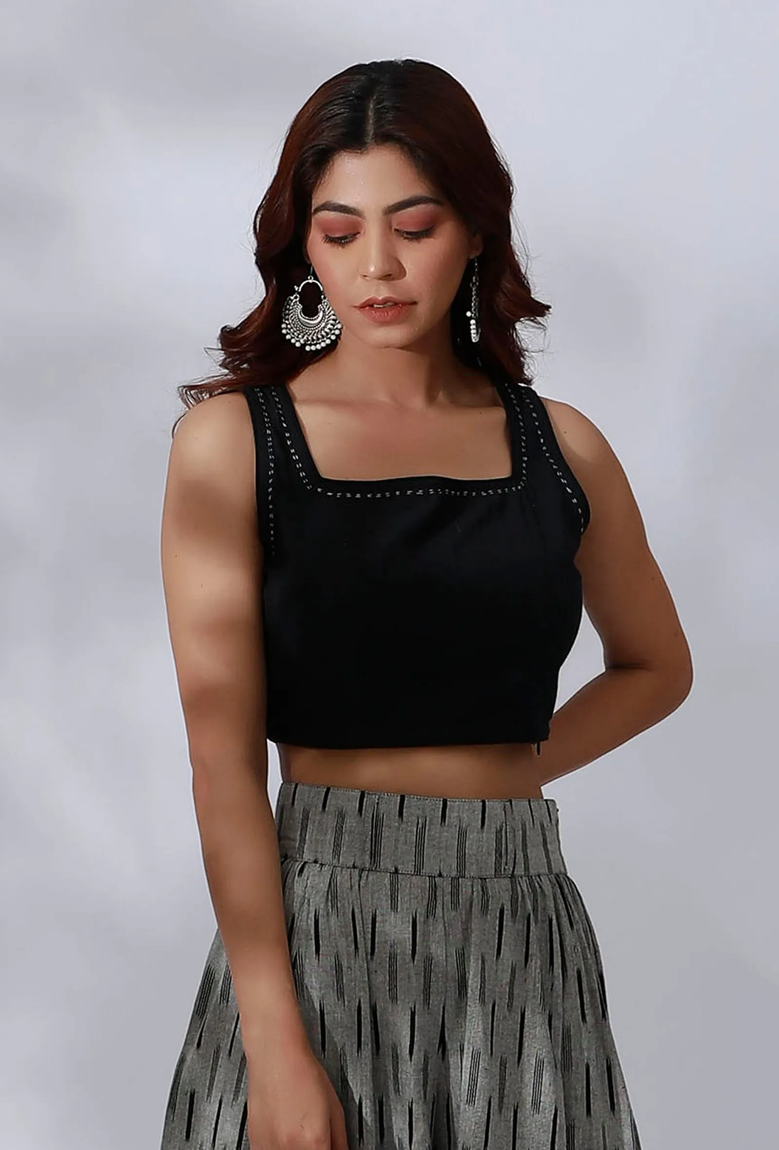 Set Of 3- Black Cotton Flared Overlay Black Cotton Crop top with Black and Grey Ikkat Culottes