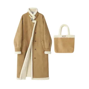 Shearling Trim Wool Coat with Tote Bag