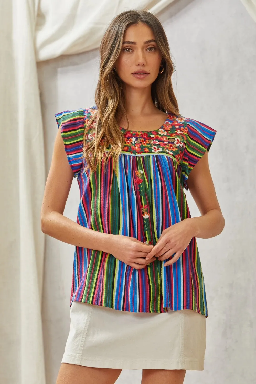 Striped Flutter Sleeve Embroidered Top