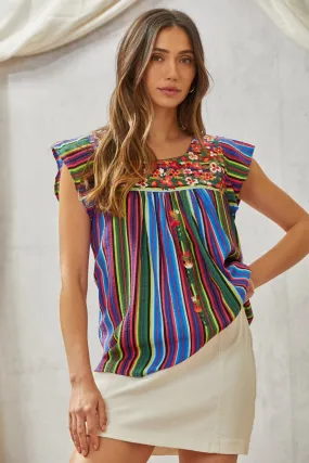 Striped Flutter Sleeve Embroidered Top