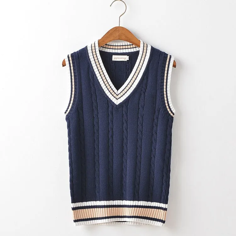 Sweater Vest Men Thicken V-neck Sleeveless Knitted Sweaters Vests Striped Retro Preppy-style Simple Chic Loose Casual All-match