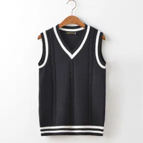 Sweater Vest Men Thicken V-neck Sleeveless Knitted Sweaters Vests Striped Retro Preppy-style Simple Chic Loose Casual All-match