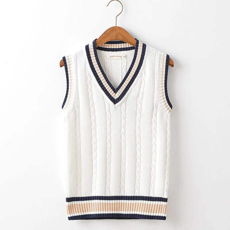 Sweater Vest Men Thicken V-neck Sleeveless Knitted Sweaters Vests Striped Retro Preppy-style Simple Chic Loose Casual All-match