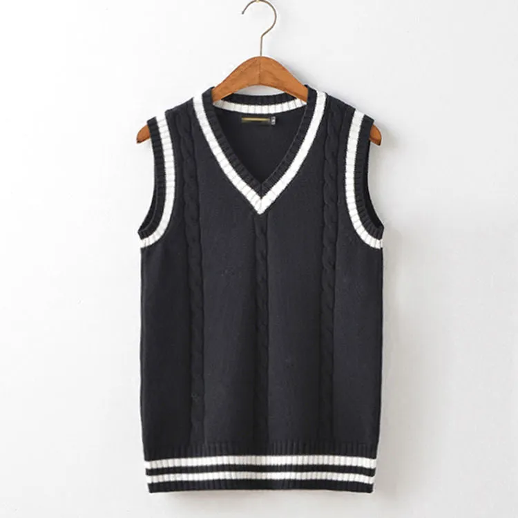 Sweater Vest Men Thicken V-neck Sleeveless Knitted Sweaters Vests Striped Retro Preppy-style Simple Chic Loose Casual All-match