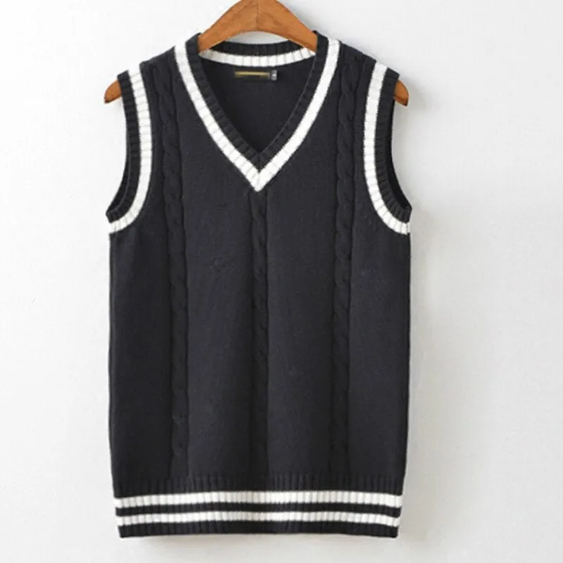 Sweater Vest Men Thicken V-neck Sleeveless Knitted Sweaters Vests Striped Retro Preppy-style Simple Chic Loose Casual All-match