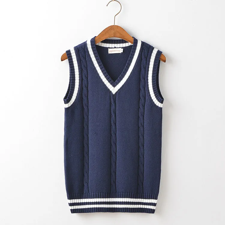 Sweater Vest Men Thicken V-neck Sleeveless Knitted Sweaters Vests Striped Retro Preppy-style Simple Chic Loose Casual All-match