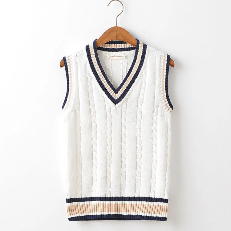 Sweater Vest Men Thicken V-neck Sleeveless Knitted Sweaters Vests Striped Retro Preppy-style Simple Chic Loose Casual All-match