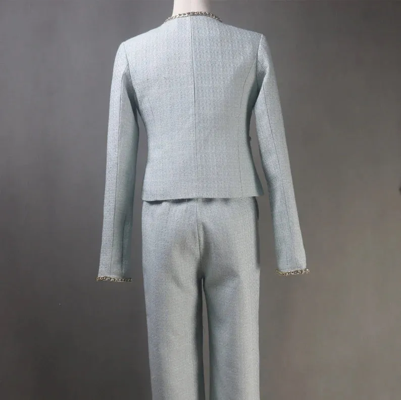 Tailor Made Womens Check Pattern Blue Silver Chain Trim Tweed Blazer