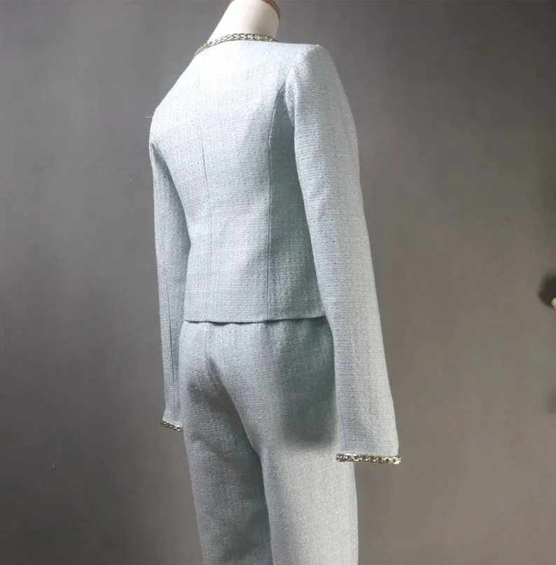 Tailor Made Womens Check Pattern Blue Silver Chain Trim Tweed Blazer