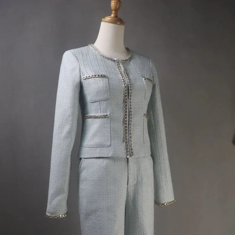 Tailor Made Womens Check Pattern Blue Silver Chain Trim Tweed Blazer