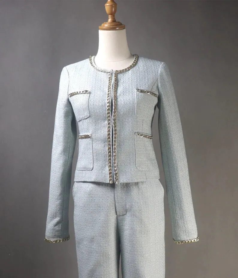 Tailor Made Womens Check Pattern Blue Silver Chain Trim Tweed Blazer