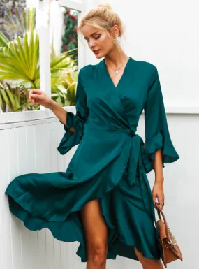 TastyHottie - Women Satin Solid Dress Ruffle Flare Sleeve Sash Wrap