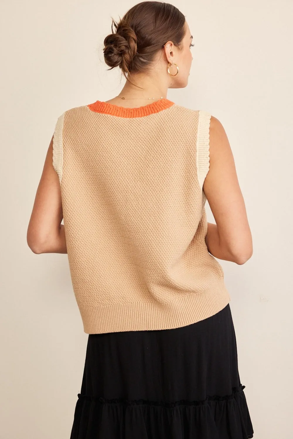 TEEK - Taupe Multi Contrast Round Neck Knit Top