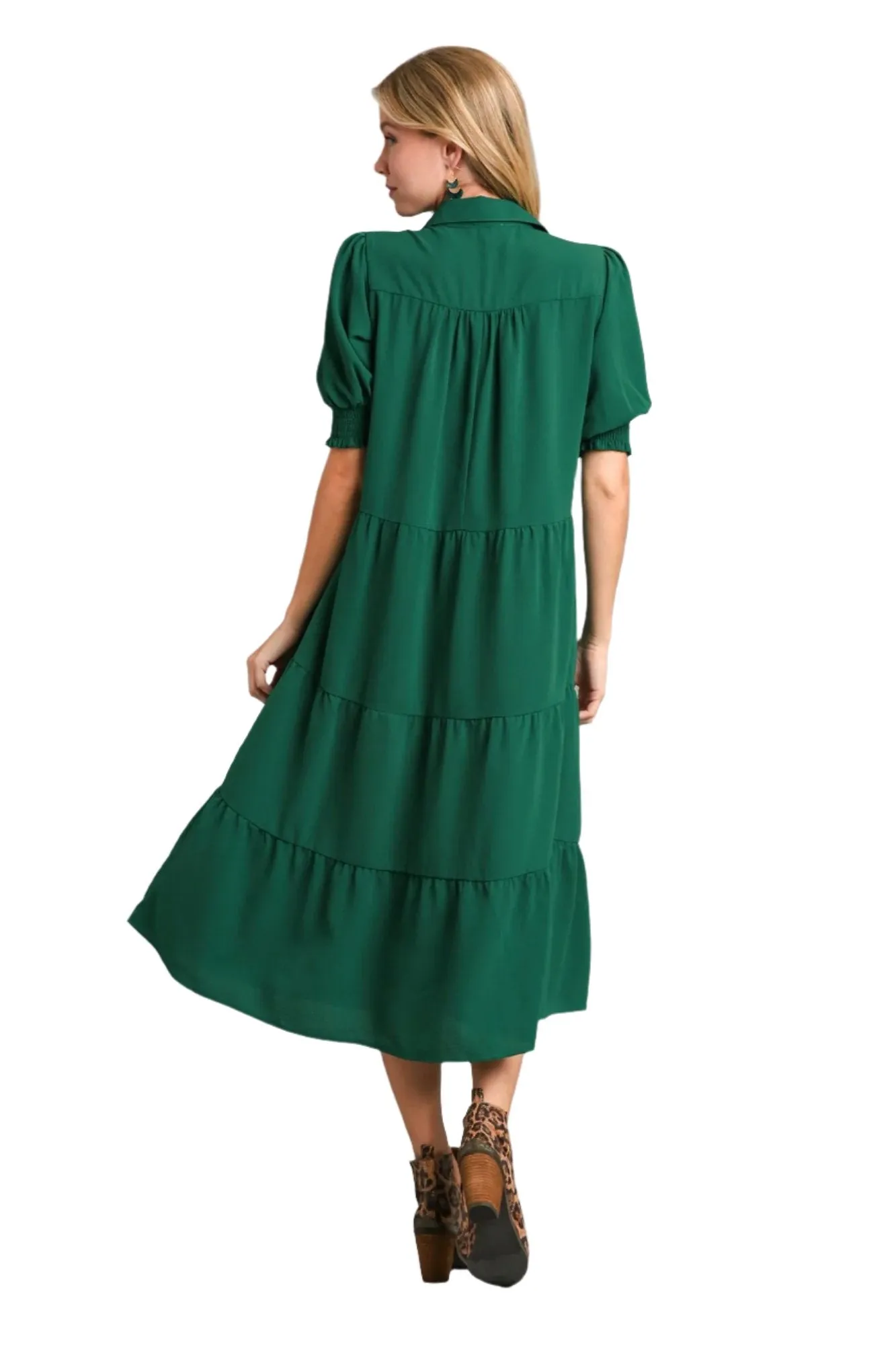 Tiered Cuffed Sleeve Dress, Green