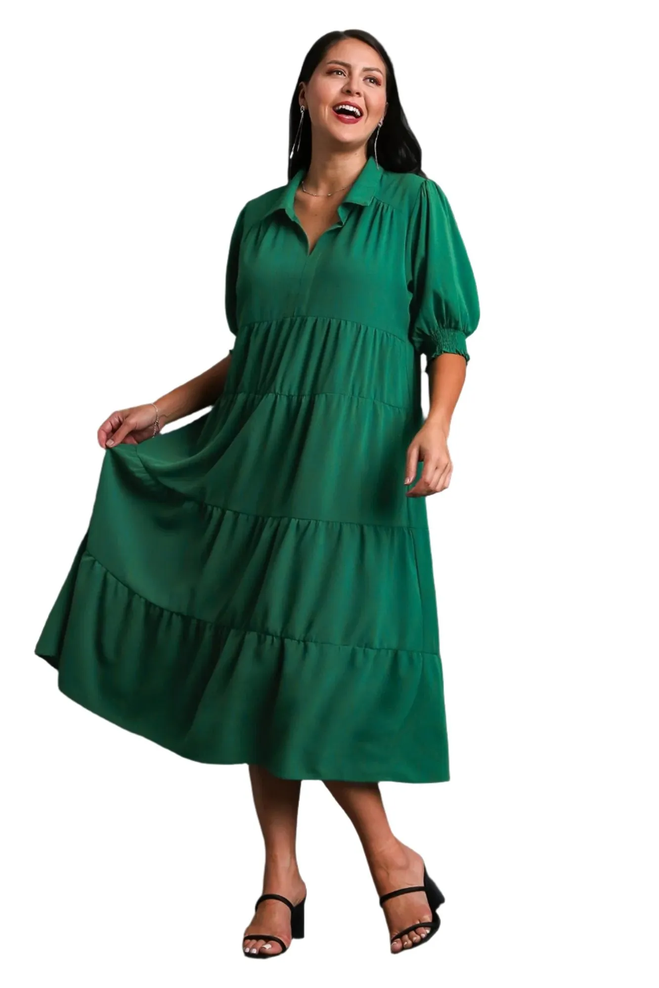 Tiered Cuffed Sleeve Dress, Green