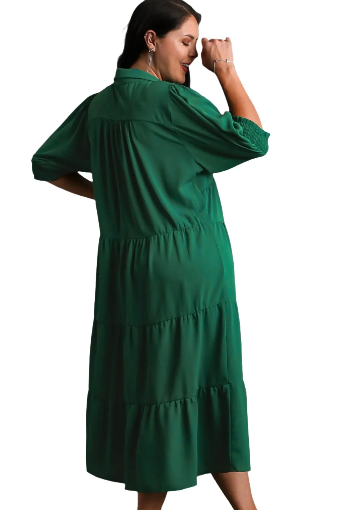 Tiered Cuffed Sleeve Dress, Green