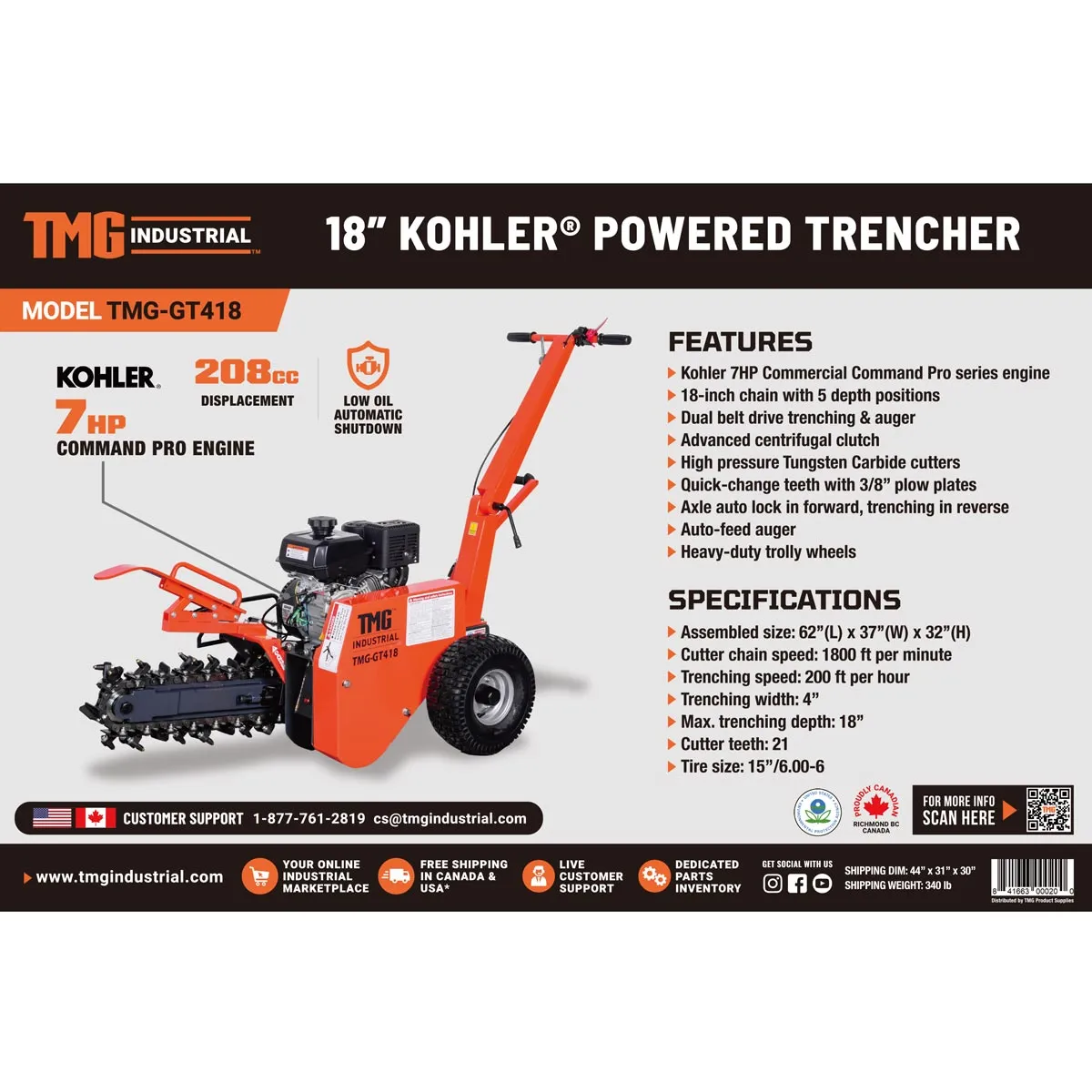 TMG Industrial 18” Kohler Powered Trenching Machine Trencher, 4” Trench Width, 18” Trench Depth, 7 HP Gasoline Engine, Auto-Feed Auger, TMG-GT418