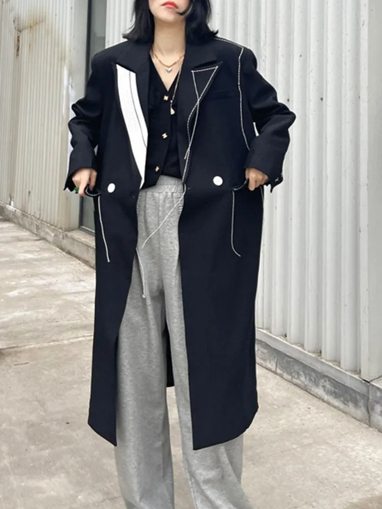 Topstitched Contrast Design Midi Trench Long Sleeve Elegant Suit Windbreaker 2022 Autumn Winter New Fashion Women