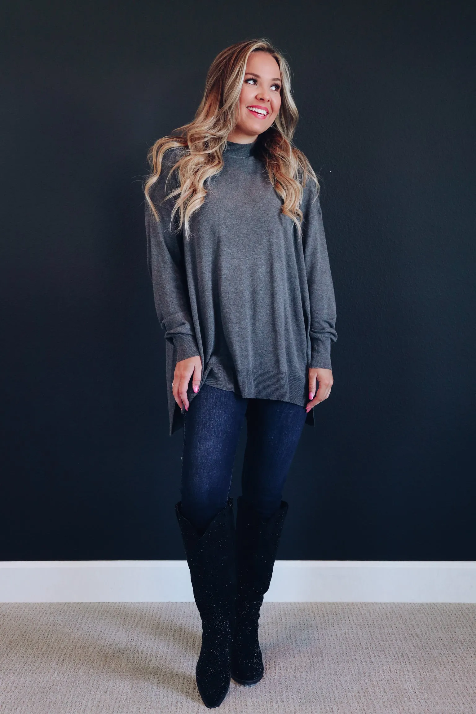 Toronto Slit Hem Tunic Sweater - Charcoal