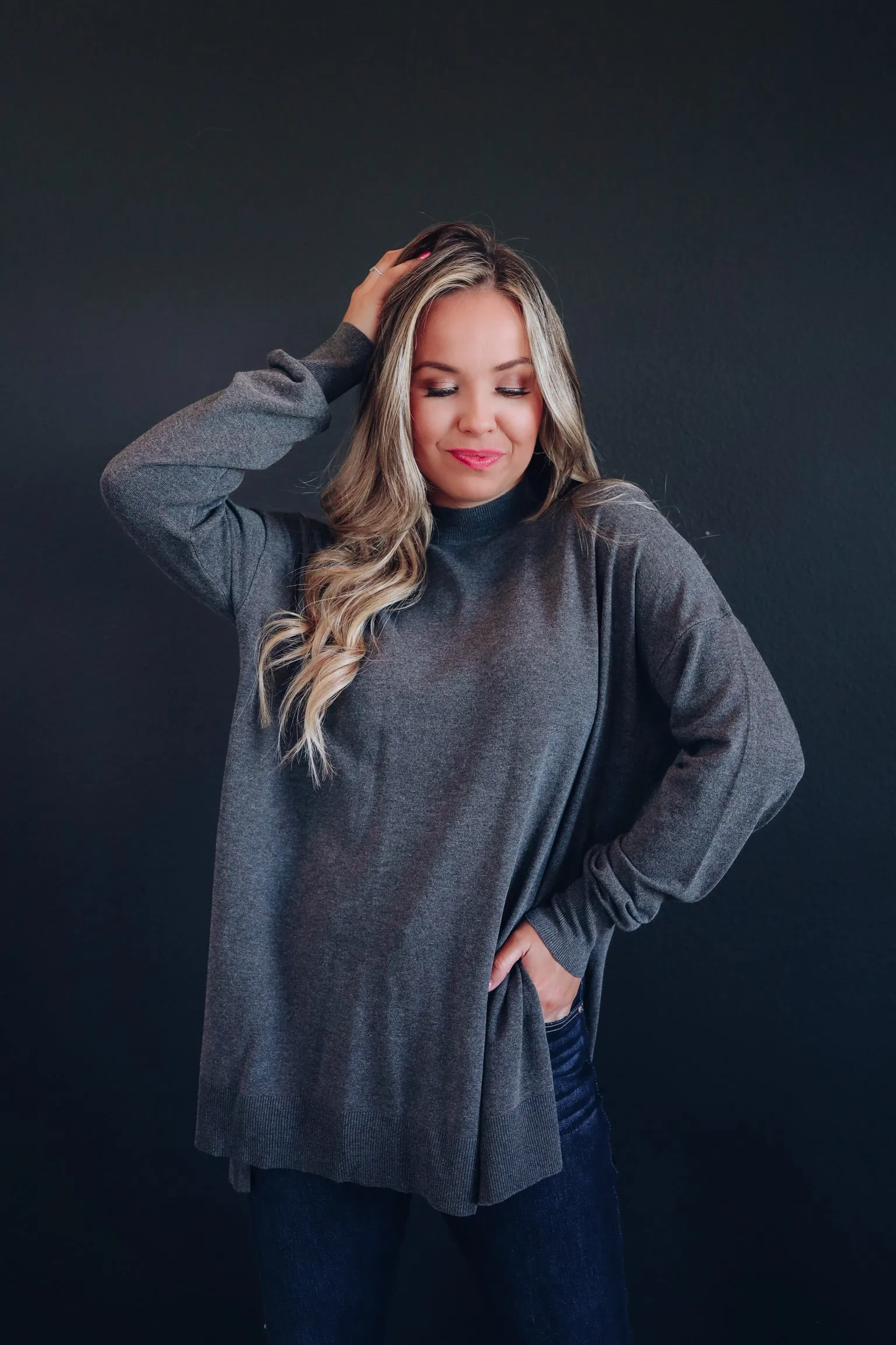 Toronto Slit Hem Tunic Sweater - Charcoal