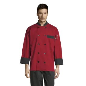 Uncommon Threads Chef Coat Small Red w/ Black Trim Unisex 65/35 Poly/Cotton Twill