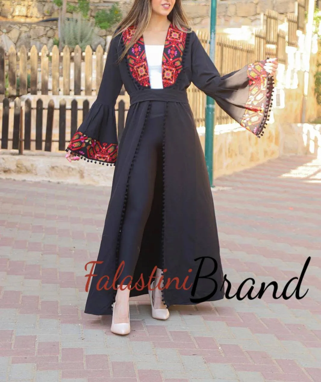 Unique Open Black Abaya with Colored Embroidery and Pom Poms